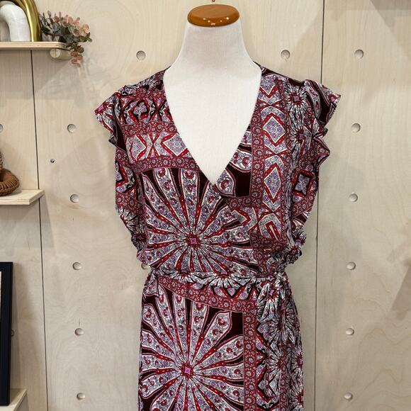 ELLA MOSS Flutter Sleeve Wrap Dress Size S Red Purple Boho Print Midi Dress - Picture 2 of 11